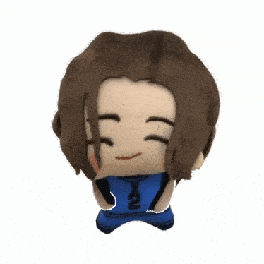 a stuffed doll with brown hair and a blue shirt that says n on it