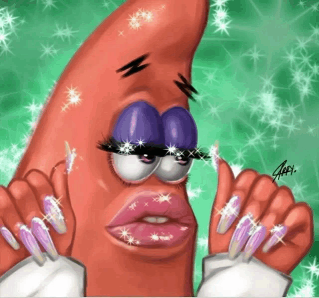 a drawing of patrick star from spongebob with purple eyes and long nails