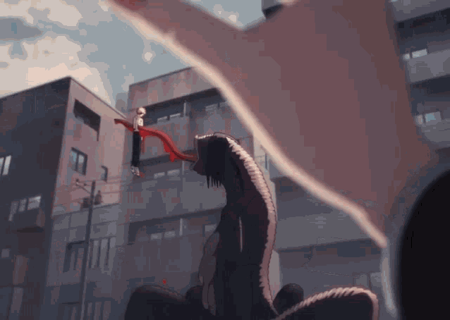 a man is flying over a monster with a long tongue sticking out of its mouth