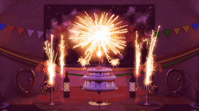 a birthday cake is lit up with sparklers and a bottle of wine