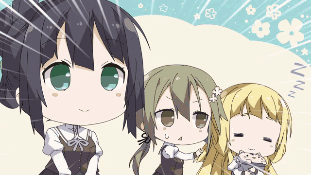 three anime girls are standing next to each other and one of them has a flower in her hair