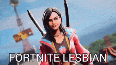 a woman in a red jacket is standing in front of a sign that says " fortnite lesbian "