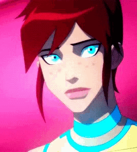 a close up of a cartoon character 's face with red hair and blue eyes