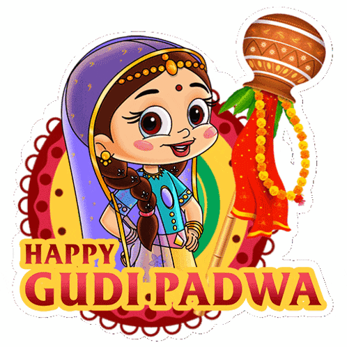 a happy gudi padwa sticker with a girl and a pot