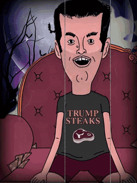 a cartoon man wearing a shirt that says trump steaks