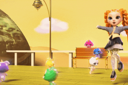 a cartoon girl is jumping in the air with her arms outstretched in front of a group of animals