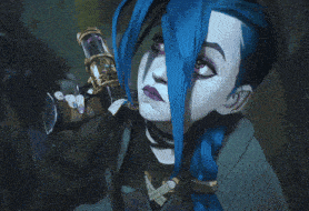 a cartoon character with blue hair and purple lips is looking down