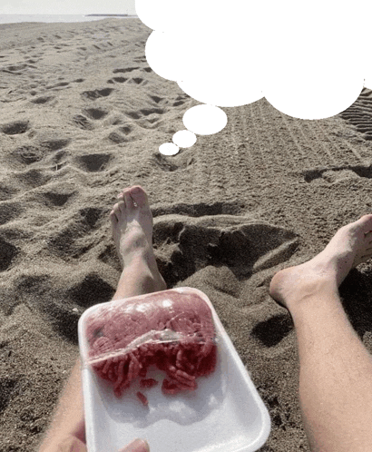 a person laying on the beach holding a plastic container of ground meat
