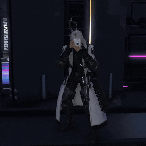 a man in a white coat is holding a sword and taking a picture