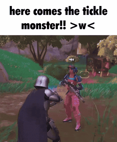 a screenshot of a video game that says here comes the tickle monster > w <