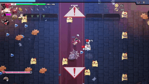 a screenshot of a video game with a spider web and hearts