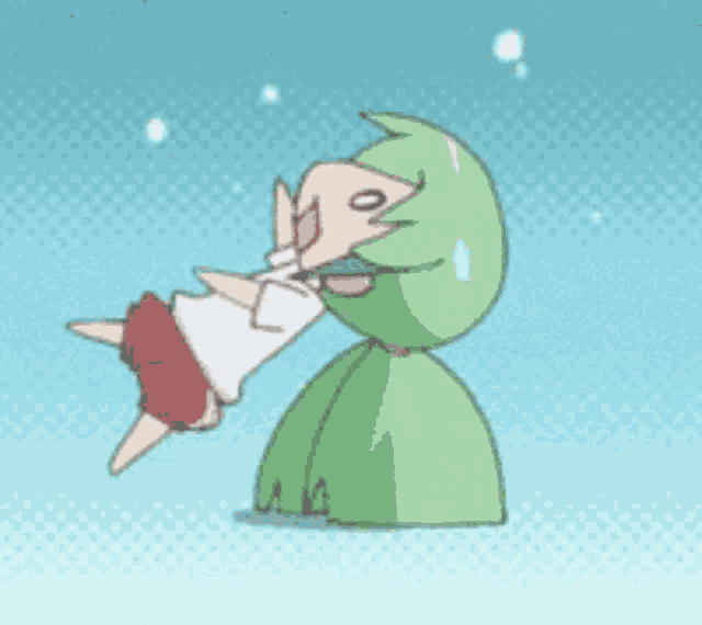 a cartoon drawing of a green monster holding a girl