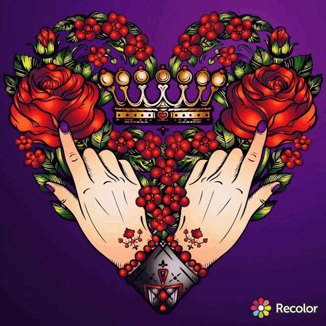 a drawing of a heart with roses and a crown and the word recolor on the bottom