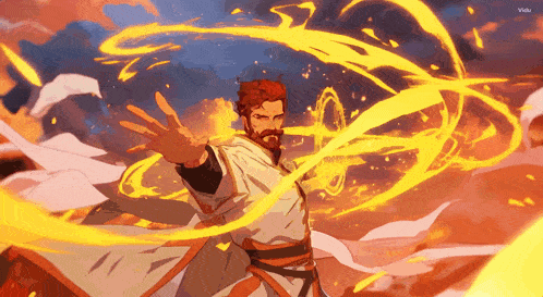 a man with a beard is surrounded by fire