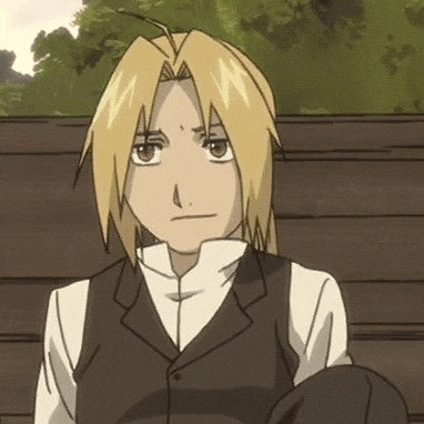 edward elric from full metal alchemist is wearing a suit and vest and holding a hat while sitting on a bench .