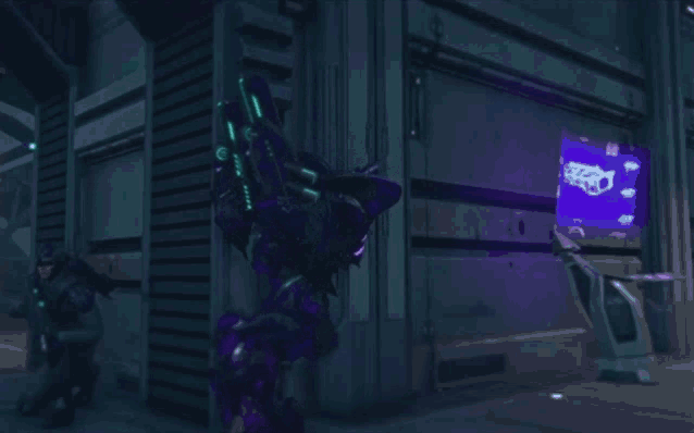 a purple robot is standing in front of a purple screen that says ' a ' on it