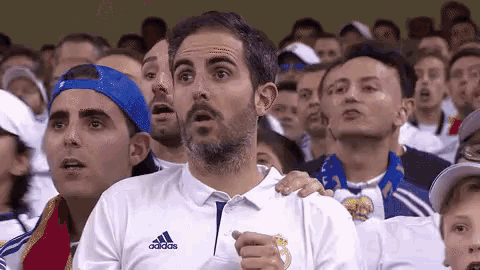 a man with a beard is sitting in a crowd of people watching a soccer game .