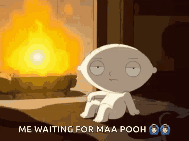 a cartoon character is sitting in front of a fireplace and says me waiting for maa pooh