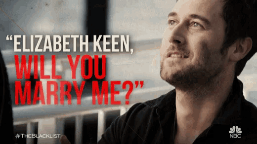 a man with the words " elizabeth keen will you marry me "
