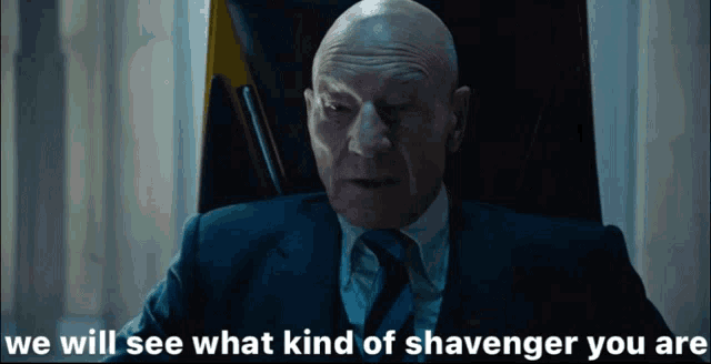 a bald man in a suit and tie with the words we will see what kind of shavenger you are
