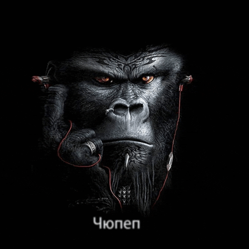 a gorilla wearing headphones and a ring has the word chopen written on the bottom