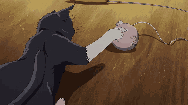 a black cat playing with a pink piggy bank