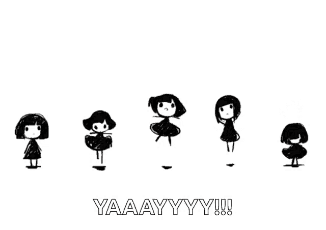 a black and white drawing of a girl with the words yaaayyy in white