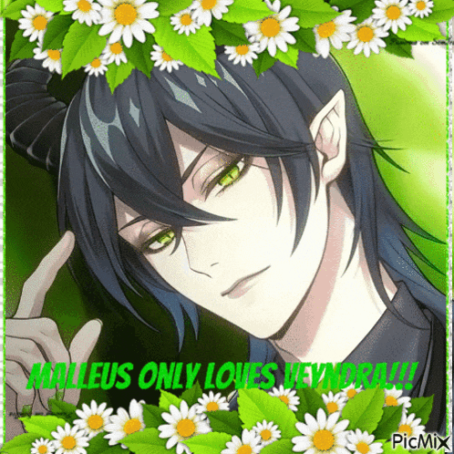a picture of a man with horns surrounded by daisies and the words " maleus only loves deviantart "