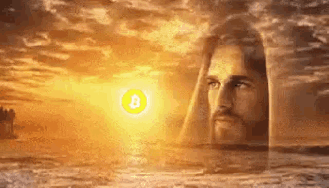 a painting of jesus standing in the water with a bitcoin symbol in the background .