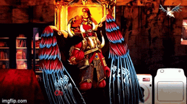 a painting of a demon sitting on a throne next to a laundry machine