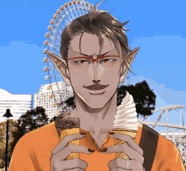 a man with glasses is holding an ice cream cone in front of a roller coaster