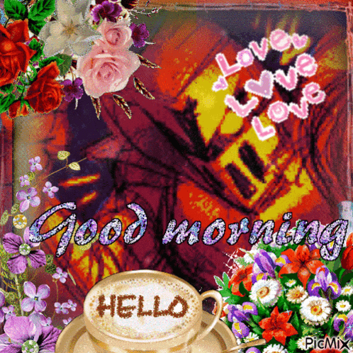 a picture of flowers and a cup of coffee says good morning hello