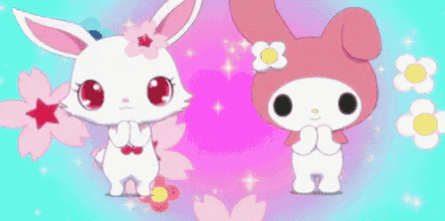 a white rabbit and a pink bunny are standing next to each other on a blue background .