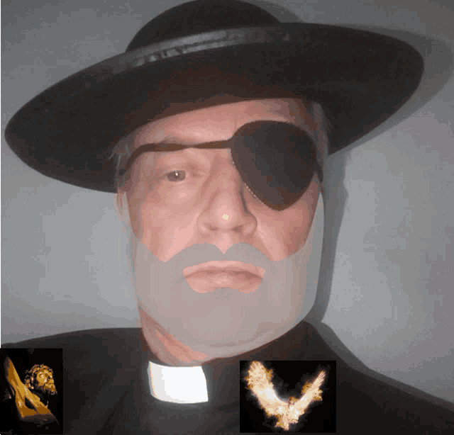 a man with an eye patch and a beard is wearing a hat