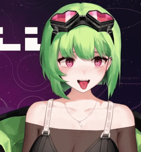 a girl with green hair and red eyes is wearing sunglasses