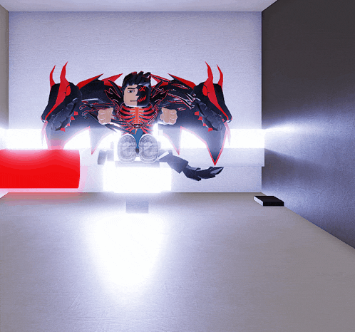 a cartoon character with red and black wings is sitting in a chair