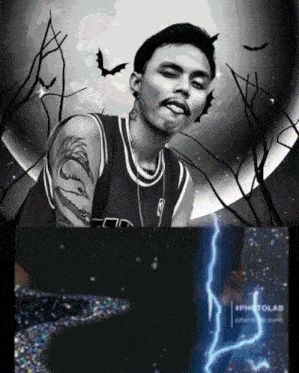 a black and white photo of a man with bats and a lightning bolt in the background