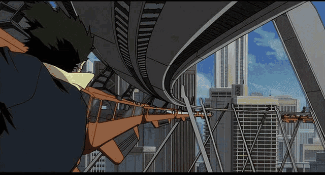a cowboy bebop character rides a roller coaster in a city