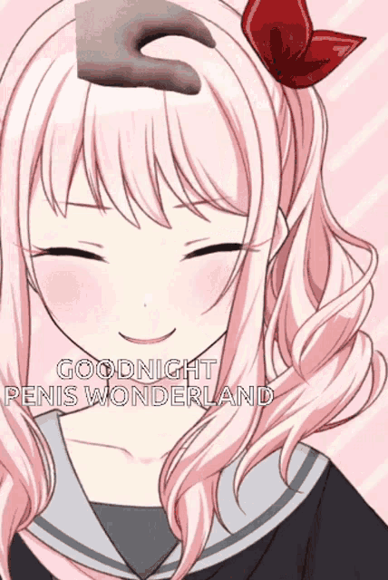 a picture of a girl with pink hair and the words goodnight penis wonderland on the bottom