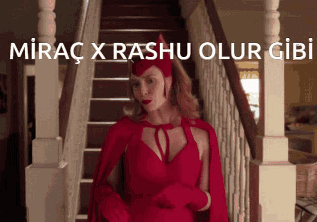 a woman in a red cape is standing on a set of stairs with the words mirac x rashu olur gibi