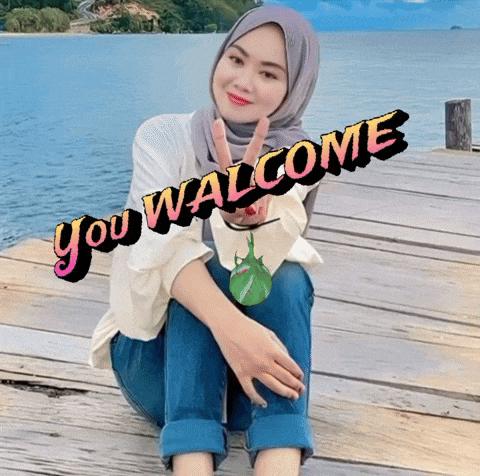 a woman sitting on a dock with the words " you welcome " on the bottom