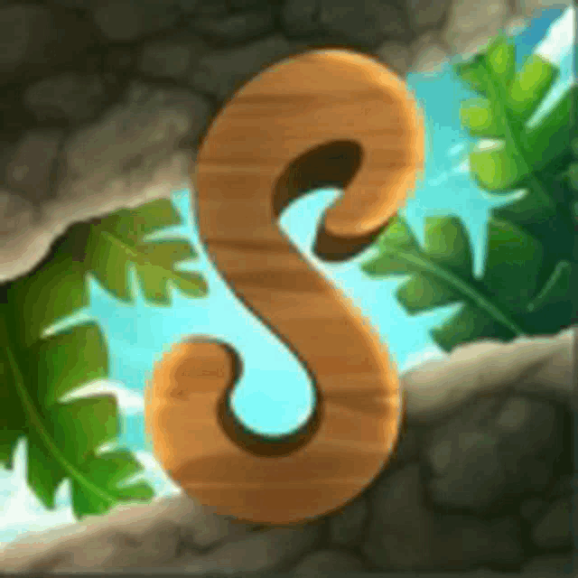 a wooden letter s is sitting on top of a rock surrounded by leaves .