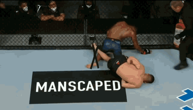 two men are wrestling in a ring with a manscaped sign in front of them