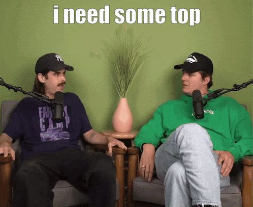 two men are sitting in front of microphones with the words i need some top written above them