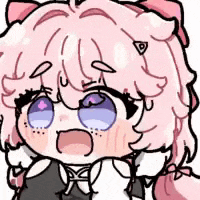 a cartoon girl with pink hair and purple eyes is wearing a black dress .