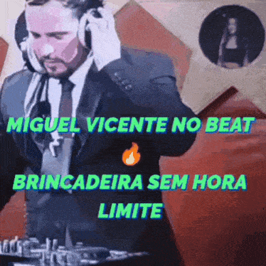 a man in a suit and tie playing music with the words miguel vicente no beat brincadeira sem hora limite