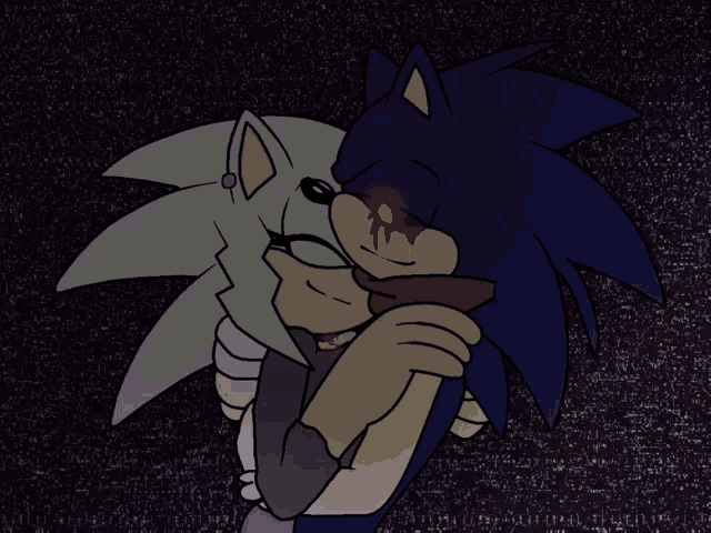 a drawing of a sonic hugging another sonic with blood on his face