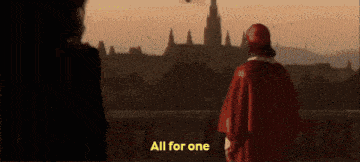 a man in a red cape is standing in front of a city with the words all for one written in yellow