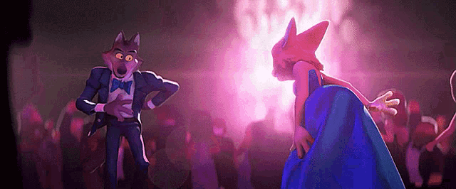 a wolf and a fox are dancing in front of a crowd .