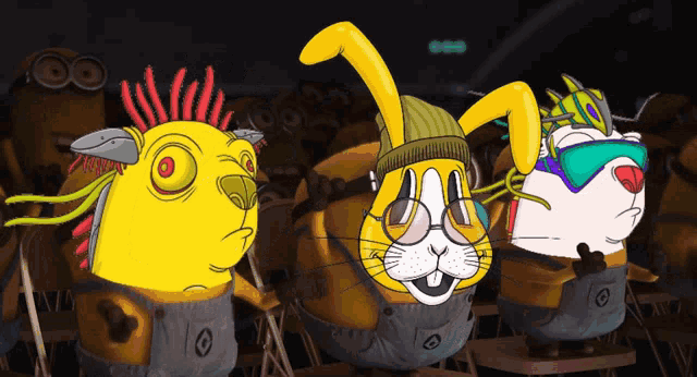 a group of cartoon characters with one wearing a hat and glasses